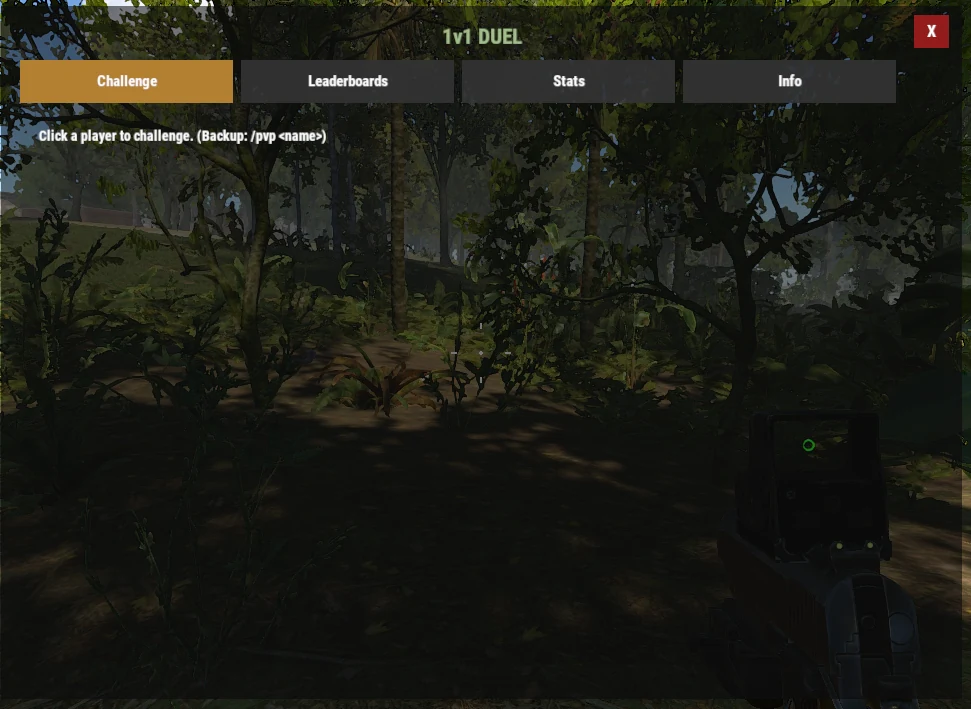 1v1 Duel in-game menu open on the Challenge tab, prompting the player to click an opponent to challenge.