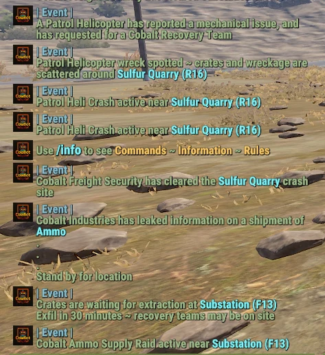 In-game chat feed from Cobalt Industries announcing a leaked ammo shipment and an extraction window at Substation F13.