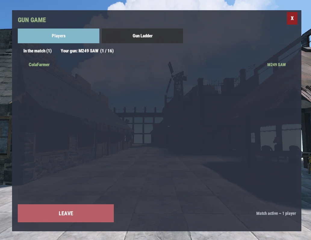 GunGame menu showing one player in the match at ladder position 1 of 16 holding the M249 SAW.