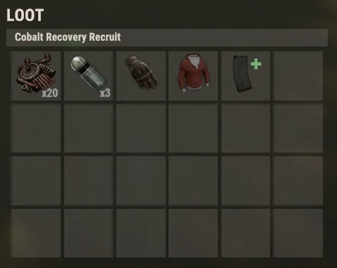 Rust loot window titled Cobalt Recovery Recruit holding gears, a syringe, gloves, a shirt and a magazine.