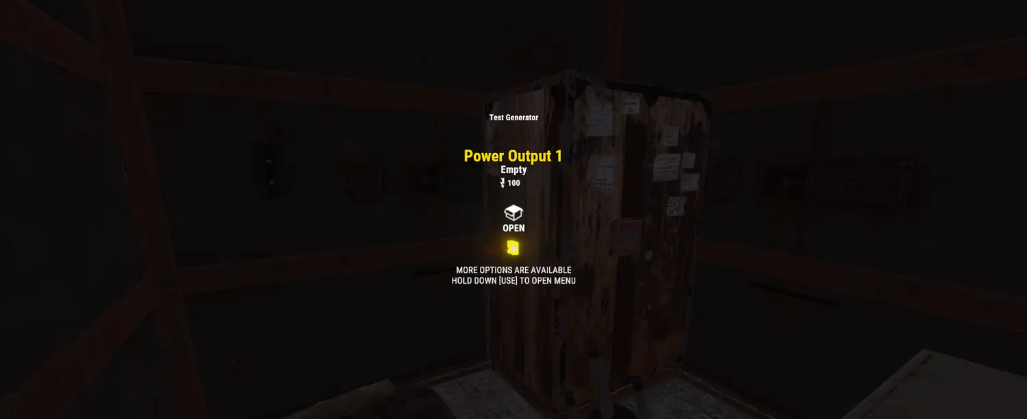 In-game prompt reading Test Generator, Power Output 1, 100 rW, with an OPEN option.
