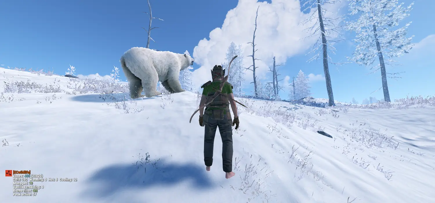 A player facing a polar bear on a snow slope, with a debug overlay reporting 400 zones and 19 managed animals.